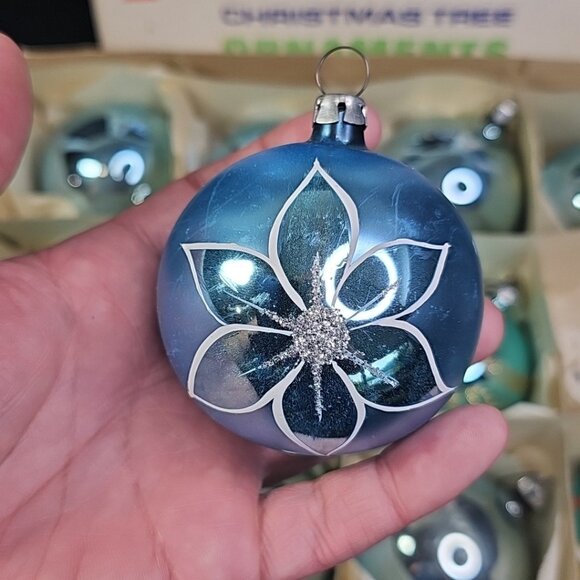 Poland Santa Land 1950s 1960s 12pcs Christmas Ornaments Blue Glass With BOX READ - Picture 7 of 16